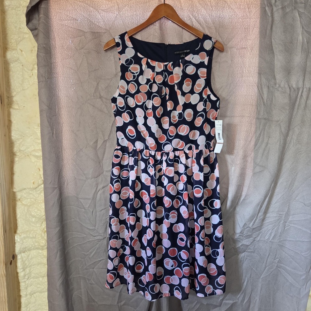Madison Leigh Dress Womens 12 Blue Polka Dot Sleeveless Round Neck Fit & Flare